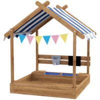 Sandkasten mit Sonnenschutz und Spielzeug für Kinder aus Holz