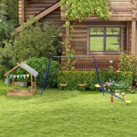 Sandkasten mit Sonnenschutz und Spielzeug für Kinder aus Holz