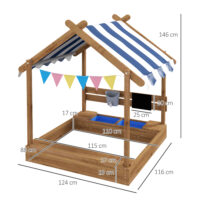 Sandkasten mit Sonnenschutz und Spielzeug für Kinder aus Holz