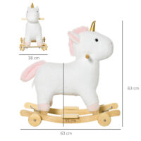 Weisses 2-in-1 Schaukelpferd, das sich dank Rädern auch als Rutschfahrzeug nutzen lässt. Eine vielseitige Kinderschaukel für doppelten Spielspass und Entwicklung der Motorik.