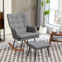 Schaukelstuhl in Leinenoptik mit Hocker, stilvoller Schwingsessel für gemütliche Stunden.