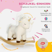 Weisses Schaukeltier in Form eines magischen Einhorns mit Soundeffekten, perfekt für Kinder von 2-4 Jahren. Es bringt Fantasie und Bewegung ins Spielzimmer.
