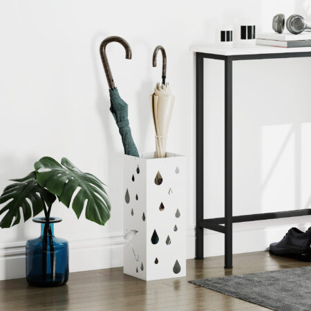 Schirmständer mit 4 Haken und Tropfschale aus Stahl weiss