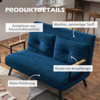 Schlafsofa 2-Sitzer Samt mit Kissen und Schlaffunktion blau