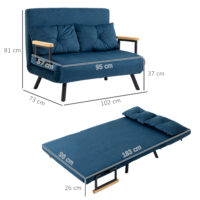 Schlafsofa 2-Sitzer Samt mit Kissen und Schlaffunktion blau