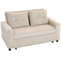 Schlafsofa 2-Sitzer mit Kissen und Seitentaschen Cordbezug cremeweiss