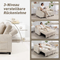 Schlafsofa 2-Sitzer mit Kissen und Seitentaschen Cordbezug cremeweiss