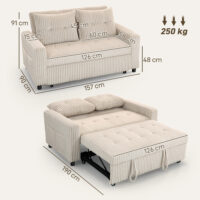 Schlafsofa 2-Sitzer mit Kissen und Seitentaschen Cordbezug cremeweiss