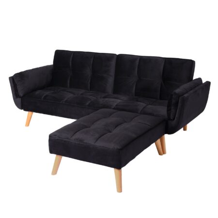Schlafsofa mit Ottomane Couch Gästebett Schlaffunktion 218x175cm Samt schwarz