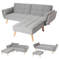 Schlafsofa mit Ottomane Couch Gästebett Schlaffunktion 218x175cm Stoff hellgrau
