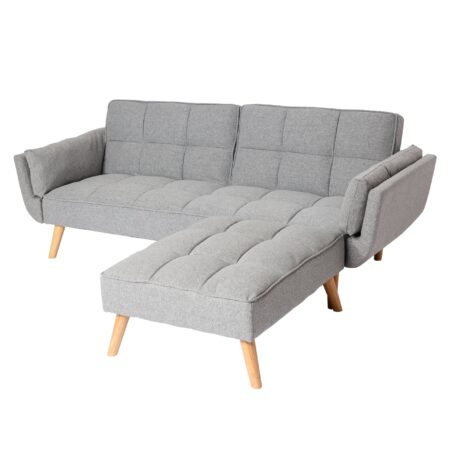 Schlafsofa mit Ottomane Couch Gästebett Schlaffunktion 218x175cm Stoff hellgrau