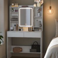 Eleganter Schminktisch aus Spanplatte mit offenen Fächern und Schubladen, dimmbarem LED-Spiegel und Kippschutz für Sicherheit – Maße: 40 × 90 × 144,7 cm.