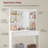 Eleganter Schminktisch aus Spanplatte mit offenen Fächern und Schubladen, dimmbarem LED-Spiegel und Kippschutz für Sicherheit – Maße: 40 × 90 × 144,7 cm.