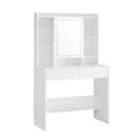 Eleganter Schminktisch aus Spanplatte mit offenen Fächern und Schubladen, dimmbarem LED-Spiegel und Kippschutz für Sicherheit – Maße: 40 × 90 × 144,7 cm.