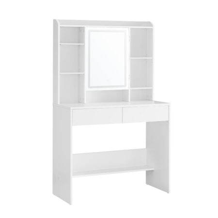 Eleganter Schminktisch aus Spanplatte mit offenen Fächern und Schubladen, dimmbarem LED-Spiegel und Kippschutz für Sicherheit – Maße: 40 × 90 × 144,7 cm.