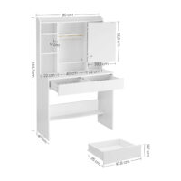 Eleganter Schminktisch aus Spanplatte mit offenen Fächern und Schubladen, dimmbarem LED-Spiegel und Kippschutz für Sicherheit – Maße: 40 × 90 × 144,7 cm.