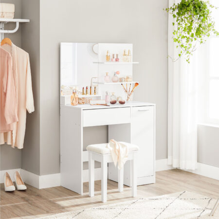 Weißer Schminktisch mit Schublade für Make-up und Accessoires.