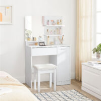 Weißer Schminktisch mit Schublade für Make-up und Accessoires.