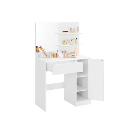 Weißer Schminktisch mit Schublade für Make-up und Accessoires.