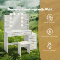 Schminktisch mit beleuchtetem Spiegel und Hocker weiss