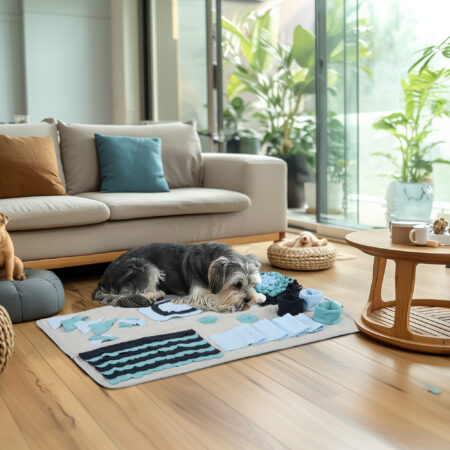 Bunter Schnüffelteppich aus Samt, ein Intelligenzspielzeug für Hunde, das die Nasenarbeit fördert und Langeweile vertreibt.