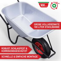 Robuste Schubkarre mit 100L Volumen und 250kg Tragkraft.