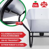 Robuste Schubkarre mit 100L Volumen und 250kg Tragkraft.