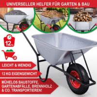 Robuste Schubkarre mit 100L Volumen und 250kg Tragkraft.