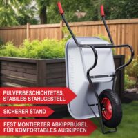 Robuste Schubkarre mit 100L Volumen und 250kg Tragkraft.