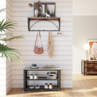 Greige Schuhbank mit zwei Regalen, kombiniert Sitzgelegenheit mit Stauraum.