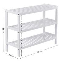 Nachhaltiges Schuhregal aus Bambus mit 3 Ebenen. Bietet Platz für verschiedene Schuharten und sorgt für Ordnung in Flur, Schlafzimmer oder Ankleidezimmer. Maße: 70 x 25 x 55 cm, max. Belastbarkeit: 10 kg pro Ebene. Inklusive Werkzeugtasche und Anleitung (EN, ES, DE, FR, IT).