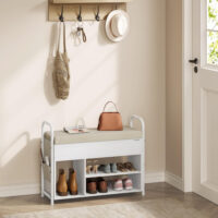 Schuhbank mit Sitzpolster und Stauraum, ideal für Flur oder Schlafzimmer. Aus Wolkenweiß-Cappuccinobeige Spanplatte, Stahl, PU und Schaumstoff. Mit 2 Taschen für kleine Accessoires und einer Tragfähigkeit von bis zu 91 kg.