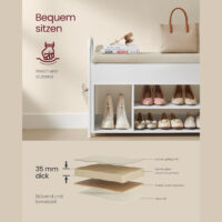 Schuhbank mit Sitzpolster und Stauraum, ideal für Flur oder Schlafzimmer. Aus Wolkenweiß-Cappuccinobeige Spanplatte, Stahl, PU und Schaumstoff. Mit 2 Taschen für kleine Accessoires und einer Tragfähigkeit von bis zu 91 kg.