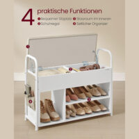 Schuhbank mit Sitzpolster und Stauraum, ideal für Flur oder Schlafzimmer. Aus Wolkenweiß-Cappuccinobeige Spanplatte, Stahl, PU und Schaumstoff. Mit 2 Taschen für kleine Accessoires und einer Tragfähigkeit von bis zu 91 kg.