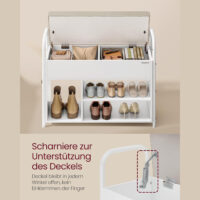 Schuhbank mit Sitzpolster und Stauraum, ideal für Flur oder Schlafzimmer. Aus Wolkenweiß-Cappuccinobeige Spanplatte, Stahl, PU und Schaumstoff. Mit 2 Taschen für kleine Accessoires und einer Tragfähigkeit von bis zu 91 kg.