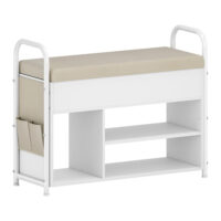 Schuhbank mit Sitzpolster und Stauraum, ideal für Flur oder Schlafzimmer. Aus Wolkenweiß-Cappuccinobeige Spanplatte, Stahl, PU und Schaumstoff. Mit 2 Taschen für kleine Accessoires und einer Tragfähigkeit von bis zu 91 kg.