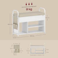 Schuhbank mit Sitzpolster und Stauraum, ideal für Flur oder Schlafzimmer. Aus Wolkenweiß-Cappuccinobeige Spanplatte, Stahl, PU und Schaumstoff. Mit 2 Taschen für kleine Accessoires und einer Tragfähigkeit von bis zu 91 kg.