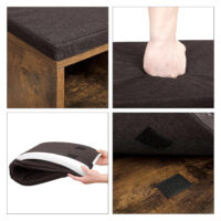 Rustikale Schuhbank mit Sitzpolster und zwei Ablagen. Abnehmbares Kissen und stabiler Stahlrahmen für hohe Belastbarkeit (198 Pfund). Ideal für Flur oder Eingangsbereich. Maße: 80 x 30 x 48 cm, Material: Stahl und Kunstleder.