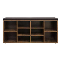 Rustikale Schuhbank mit Sitzpolster und zwei Ablagen. Abnehmbares Kissen und stabiler Stahlrahmen für hohe Belastbarkeit (198 Pfund). Ideal für Flur oder Eingangsbereich. Maße: 80 x 30 x 48 cm, Material: Stahl und Kunstleder.