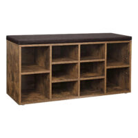 Rustikale Schuhbank mit Sitzpolster und zwei Ablagen. Abnehmbares Kissen und stabiler Stahlrahmen für hohe Belastbarkeit (198 Pfund). Ideal für Flur oder Eingangsbereich. Maße: 80 x 30 x 48 cm, Material: Stahl und Kunstleder.