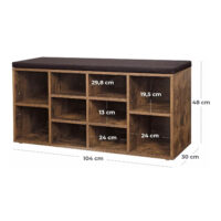 Rustikale Schuhbank mit Sitzpolster und zwei Ablagen. Abnehmbares Kissen und stabiler Stahlrahmen für hohe Belastbarkeit (198 Pfund). Ideal für Flur oder Eingangsbereich. Maße: 80 x 30 x 48 cm, Material: Stahl und Kunstleder.