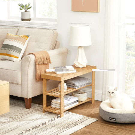 Bambus-Schuhregal mit Sitzbank – Stabil und umweltfreundlich. Bietet Platz für Schuhe und dient als bequeme Sitzgelegenheit. Maße: 70 x 28 x 45 cm, max. Tragfähigkeit: 120 kg. Inklusive Zubehörbeutel und Anleitung.