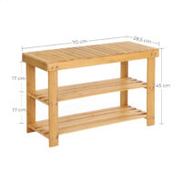 Bambus-Schuhregal mit Sitzbank – Stabil und umweltfreundlich. Bietet Platz für Schuhe und dient als bequeme Sitzgelegenheit. Maße: 70 x 28 x 45 cm, max. Tragfähigkeit: 120 kg. Inklusive Zubehörbeutel und Anleitung.