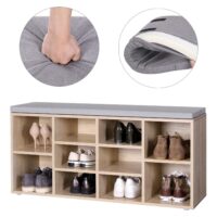 Schuhbank Sitzbank mit 10 Fächern Eichenfarbe.