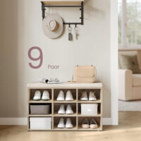 Komfortable Schuhaufbewahrung mit Sitzfläche, ideal für Herrenschuhe und Accessoires. Abnehmbares, waschbares Kissen. Material: Spanplatte, Maße: 91 x 39 x 15 cm, Gewicht: 14 kg.
