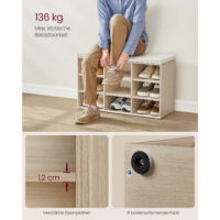 Komfortable Schuhaufbewahrung mit Sitzfläche, ideal für Herrenschuhe und Accessoires. Abnehmbares, waschbares Kissen. Material: Spanplatte, Maße: 91 x 39 x 15 cm, Gewicht: 14 kg.
