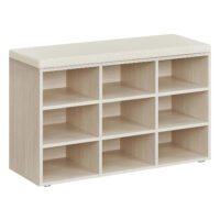 Komfortable Schuhaufbewahrung mit Sitzfläche, ideal für Herrenschuhe und Accessoires. Abnehmbares, waschbares Kissen. Material: Spanplatte, Maße: 91 x 39 x 15 cm, Gewicht: 14 kg.