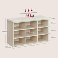 Komfortable Schuhaufbewahrung mit Sitzfläche, ideal für Herrenschuhe und Accessoires. Abnehmbares, waschbares Kissen. Material: Spanplatte, Maße: 91 x 39 x 15 cm, Gewicht: 14 kg.