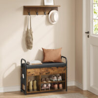 Schuhbank mit gepolstertem Sitz, aus Spanplatte, Stahl und PU – bietet Stauraum für Schuhe und Kleinteile, Maße: 30 × 80,6 × 62,5 cm.