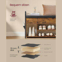 Schuhbank mit gepolstertem Sitz, aus Spanplatte, Stahl und PU – bietet Stauraum für Schuhe und Kleinteile, Maße: 30 × 80,6 × 62,5 cm.